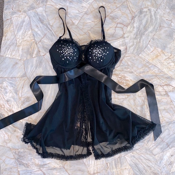 Victoria’s Secret Babydoll 36B Sheer Bling Rhinestones Push Up Sexy Little Thing - Picture 7 of 15